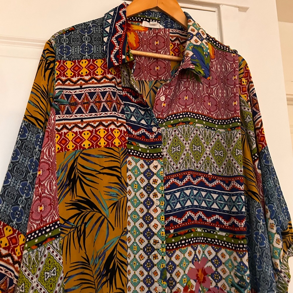 Cynthia Rowley Patchwork Tropical Floral Button Down Shirt Womens 2x Western - Picture 2 of 7